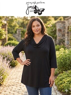 Just My Size Black Draped Cowl Neck Long Sleeve Top